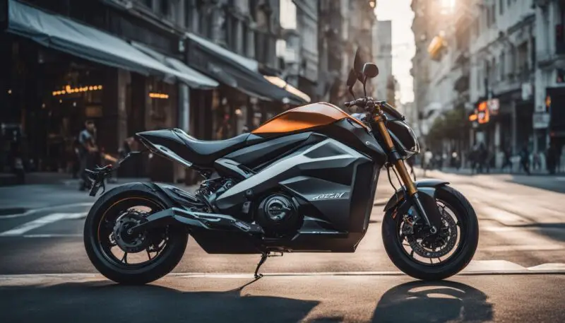 A sleek electric motorcycle in an urban cityscape without humans.
