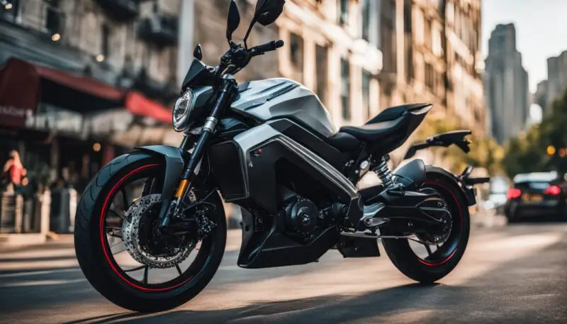 A sleek electric motorcycle parked in a bustling urban setting.