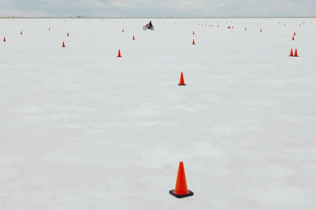Traffic cones on race course, Bonneville Salt Flats, during Speed Week.
