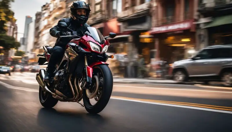 A stylish motorcycle speeds through a cityscape in a cinematic shot.