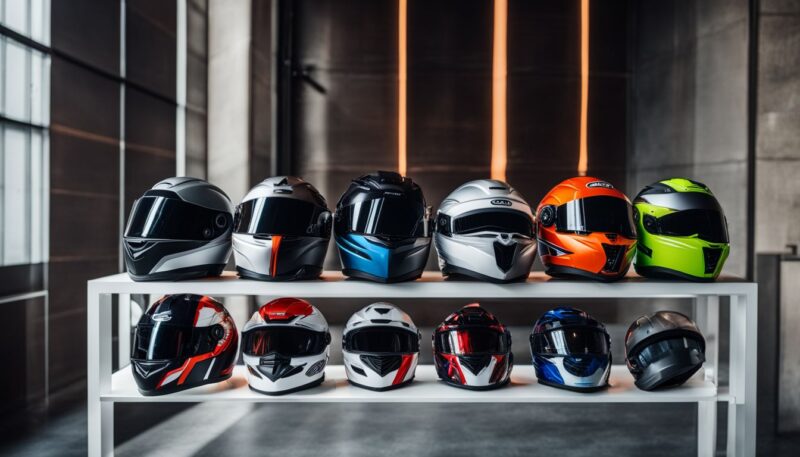 lots of motorcycle helmets