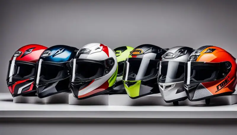 An array of motorcycle helmets in various styles and designs.